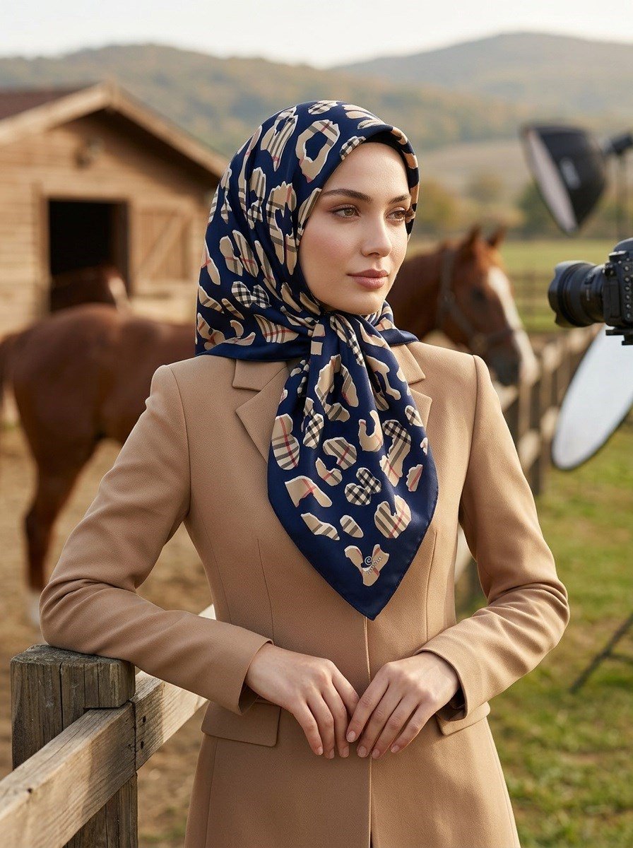 %100 Twill İpek Leopar Desenli Lacivert - Bej Renkli 90x90 Eşarp Dikim Şekli : El Dikişi