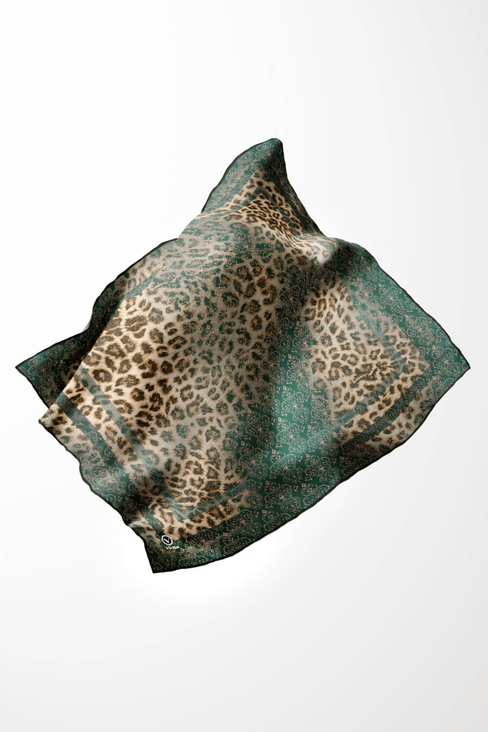 Twill Leopar Desenli Petrol Yeşili Renkli 90x90 Eşarp (İpek İçermez) Kenar Dikiş Şekli El Dikişli