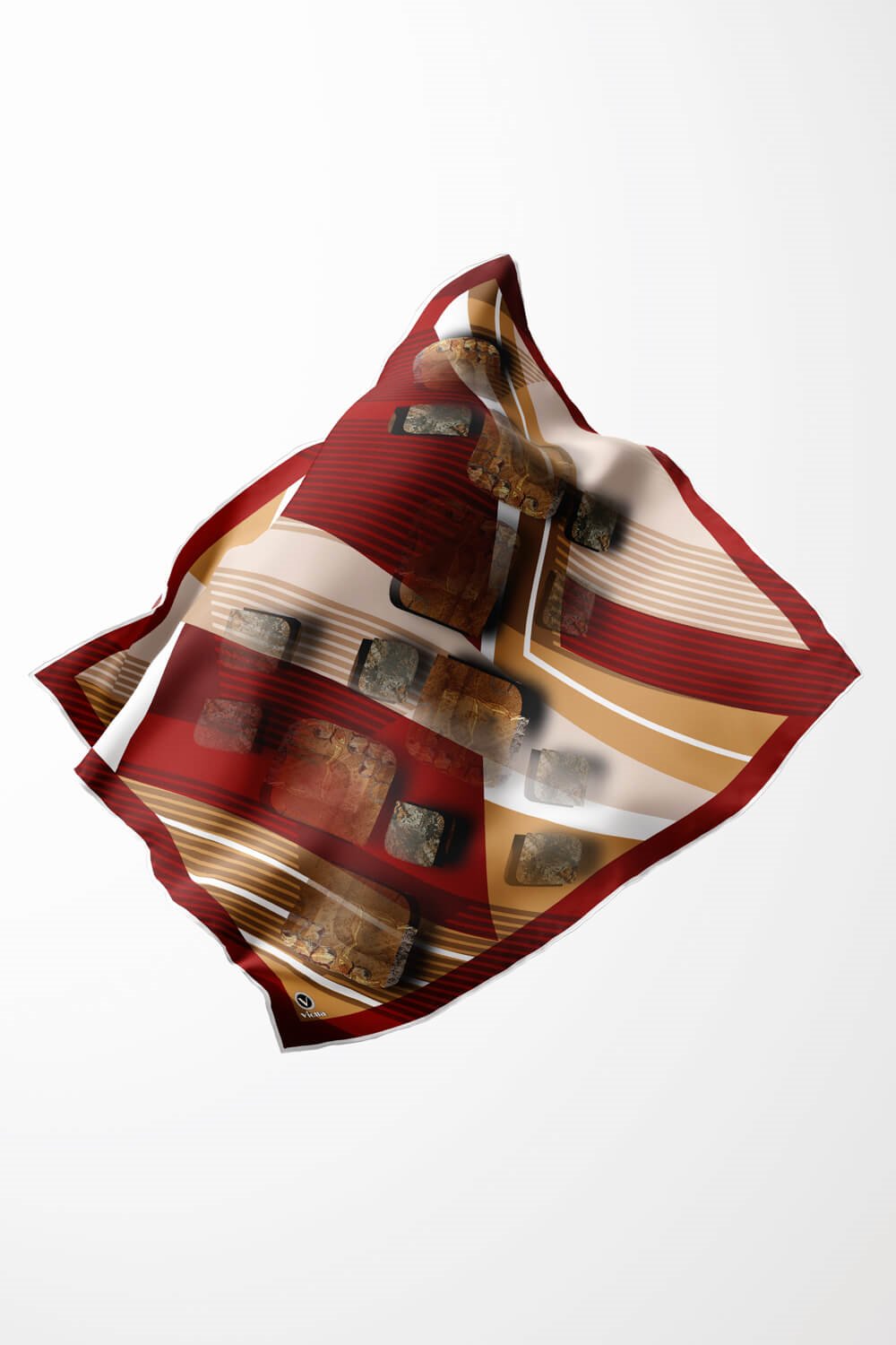 Twill Çizgili ve Geometrik Desenli Bordo Renkli 90x90 Eşarp (İpek İçermez) Kenar Dikiş Şekli El Dikişli