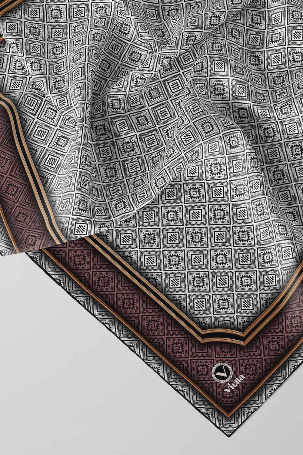 Twill Geometrik Çıtır Desenli Gül Kurusu Renkli 90x90 Eşarp (İpek İçermez) Kenar Dikiş Şekli El Dikişli