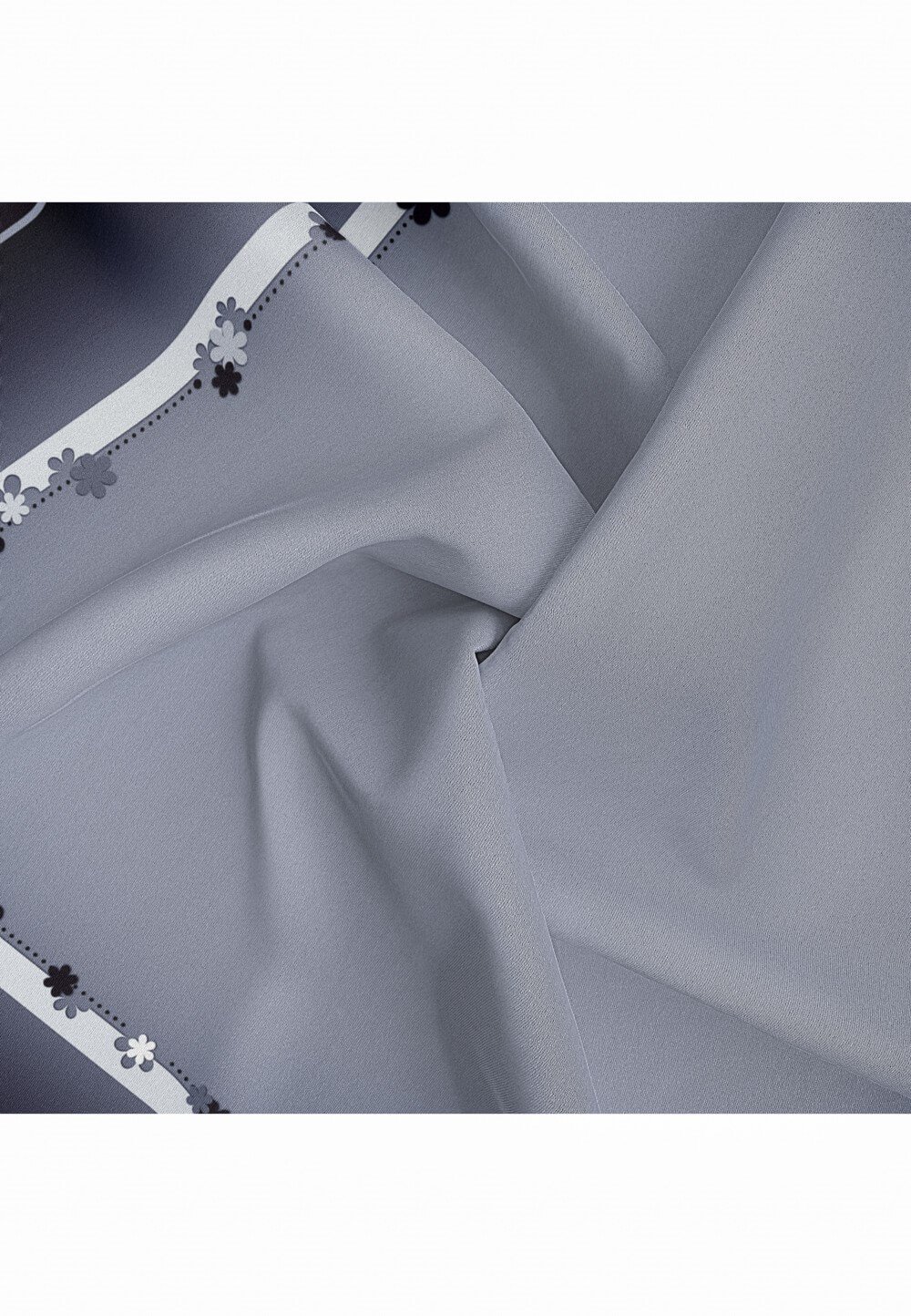 %100 Twill İpek Kenar Motifi Çiçek Desenli Gri - Gümüş Renkli 90x90 Eşarp Dikim Şekli : El Dikişi