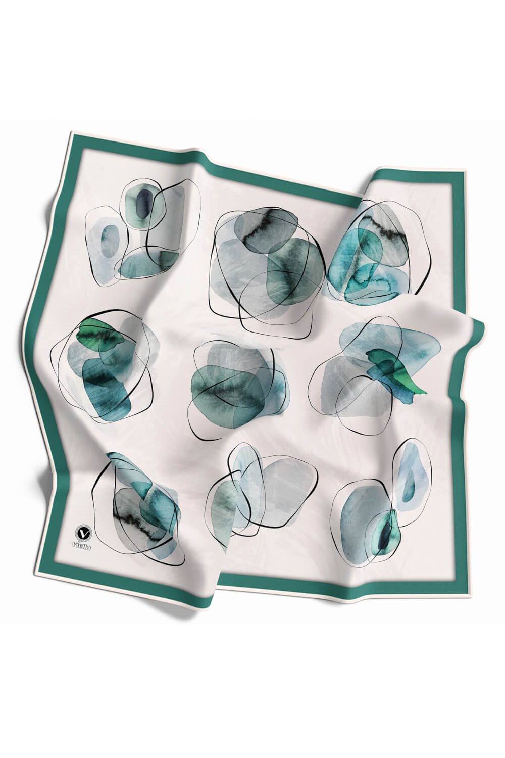 Twill Sulu Boya Geometrik Desenli Petrol Yeşili Renkli 90x90 Eşarp (İpek İçermez) Kenar Dikiş Şekli El Dikişli