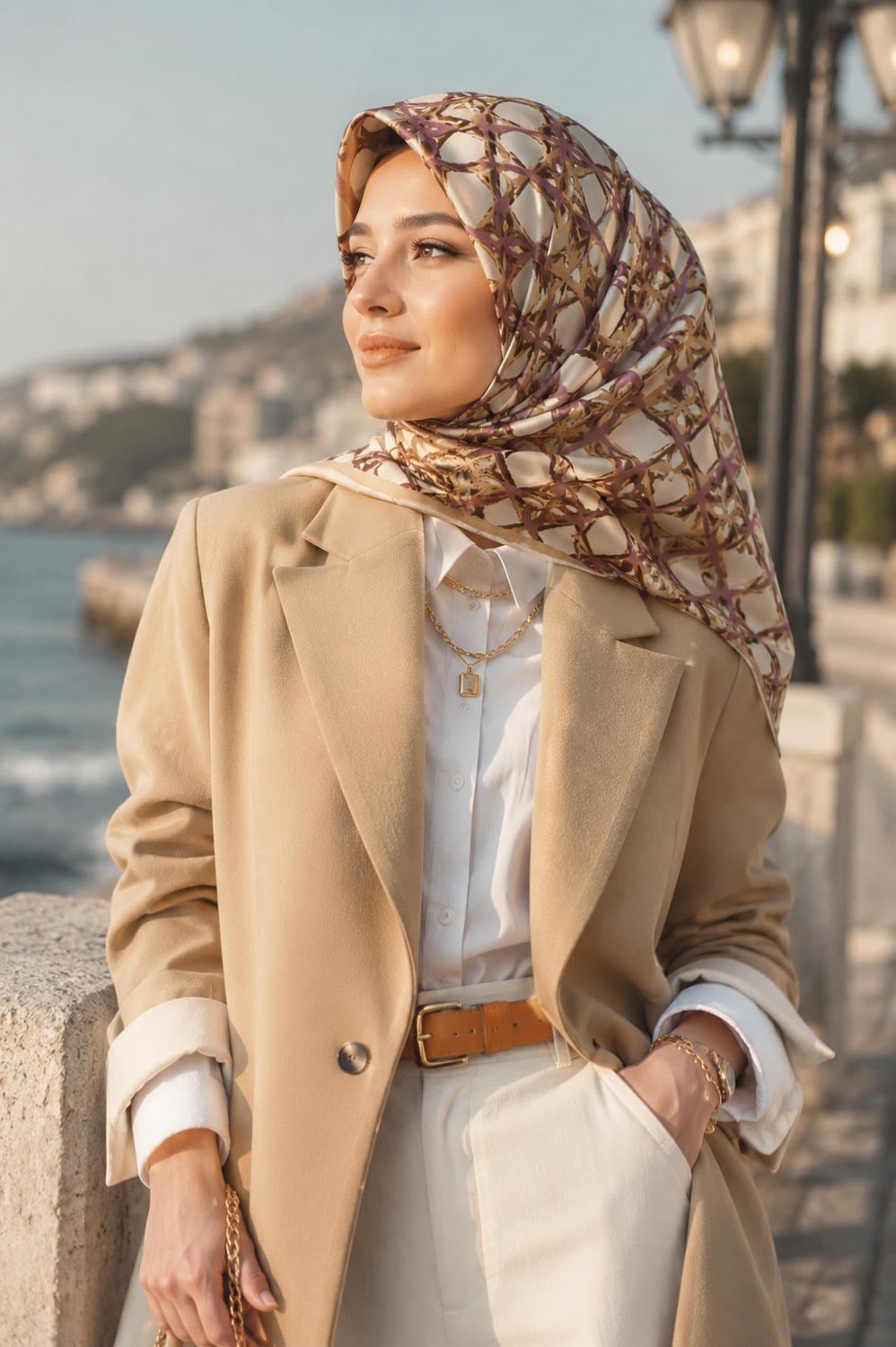 %100 Twill İpek Geometrik Desenli Bej - Gül Kurusu Renkli 90x90 Eşarp Dikim Şekli : El Dikişi