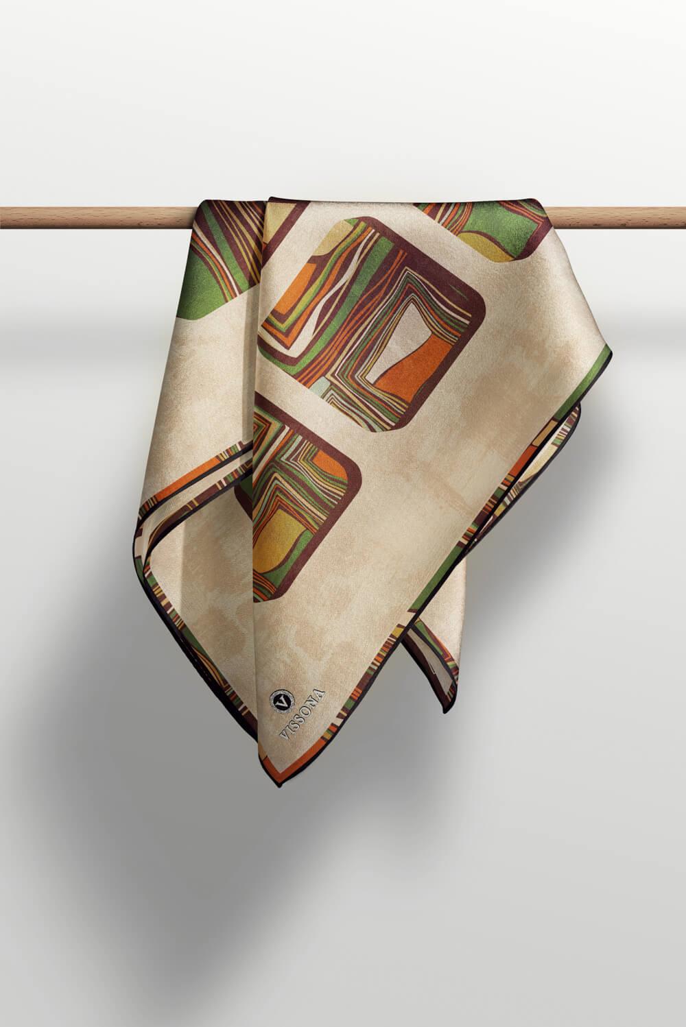 %100 Twill İpek Geometrik Kare Desenli Haki - Bej Renkli 90x90 Eşarp Dikim Şekli : El Dikişi