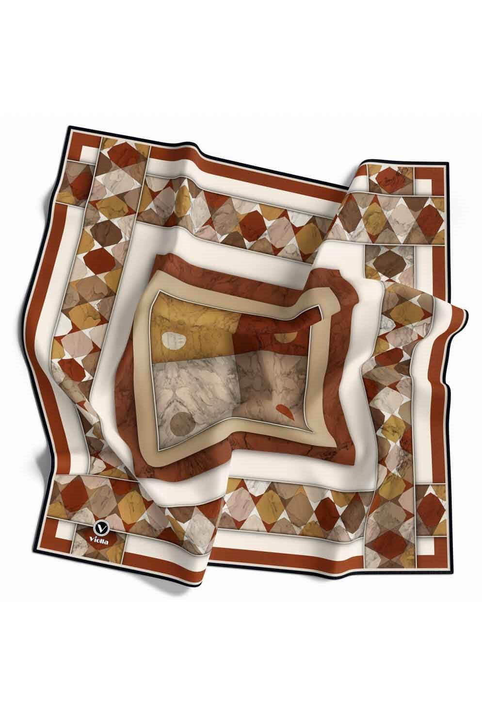 Twill Geometrik Mermer Desenli Taba Renkli 90x90 Eşarp (İpek İçermez) Kenar Dikiş Şekli El Dikişli