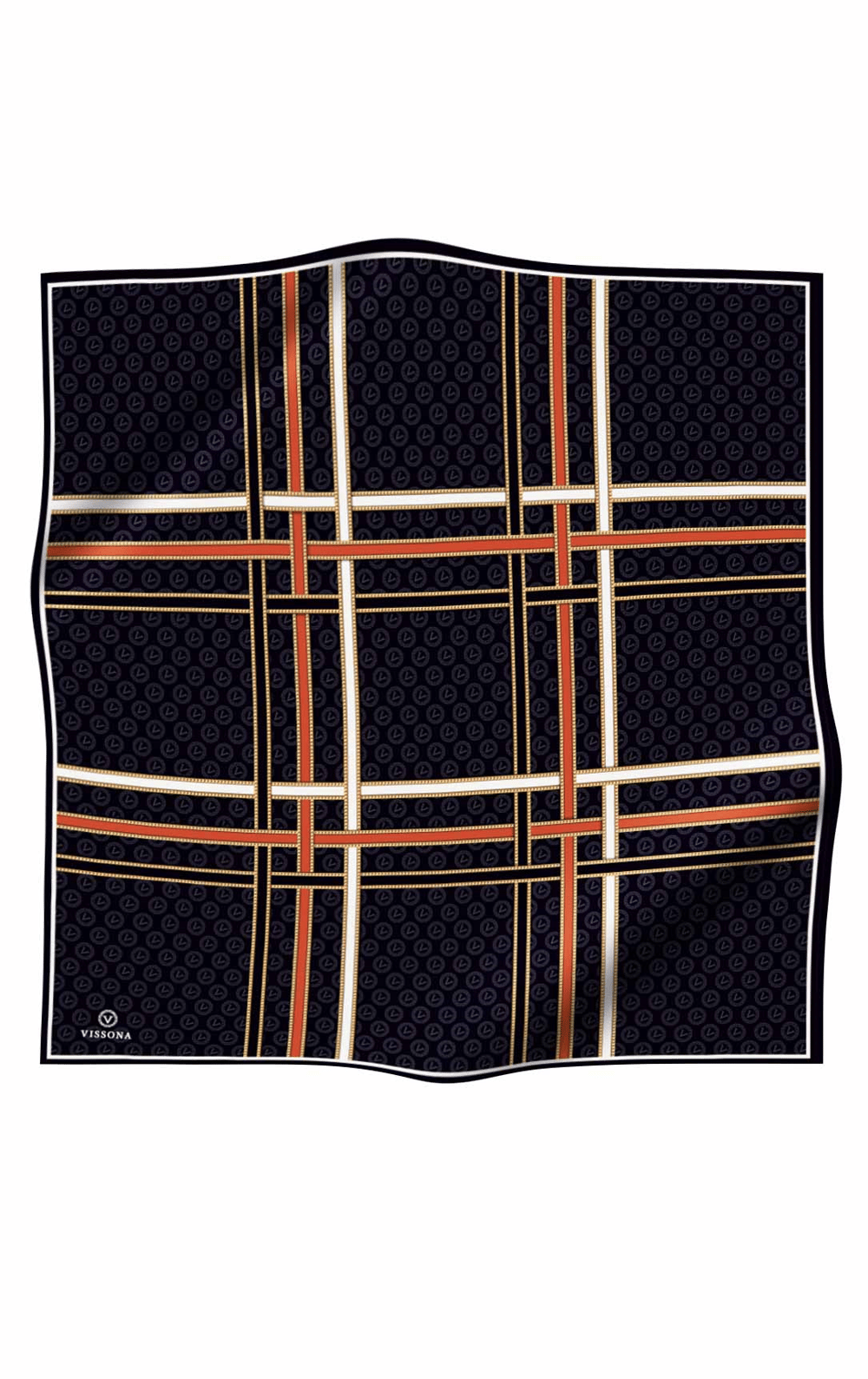 %100 Twill İpek Gold Şeritli Monogram Desenli Siyah - Taba Renkli 90x90 Eşarp Dikim Şekli : El Dikişi