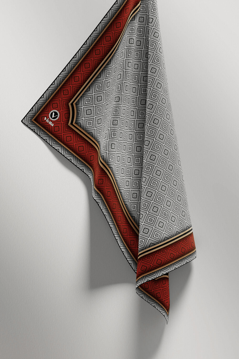 Twill Geometrik Çıtır Desenli Kırmızı Renkli 90x90 Eşarp (İpek İçermez) Kenar Dikiş Şekli El Dikişli