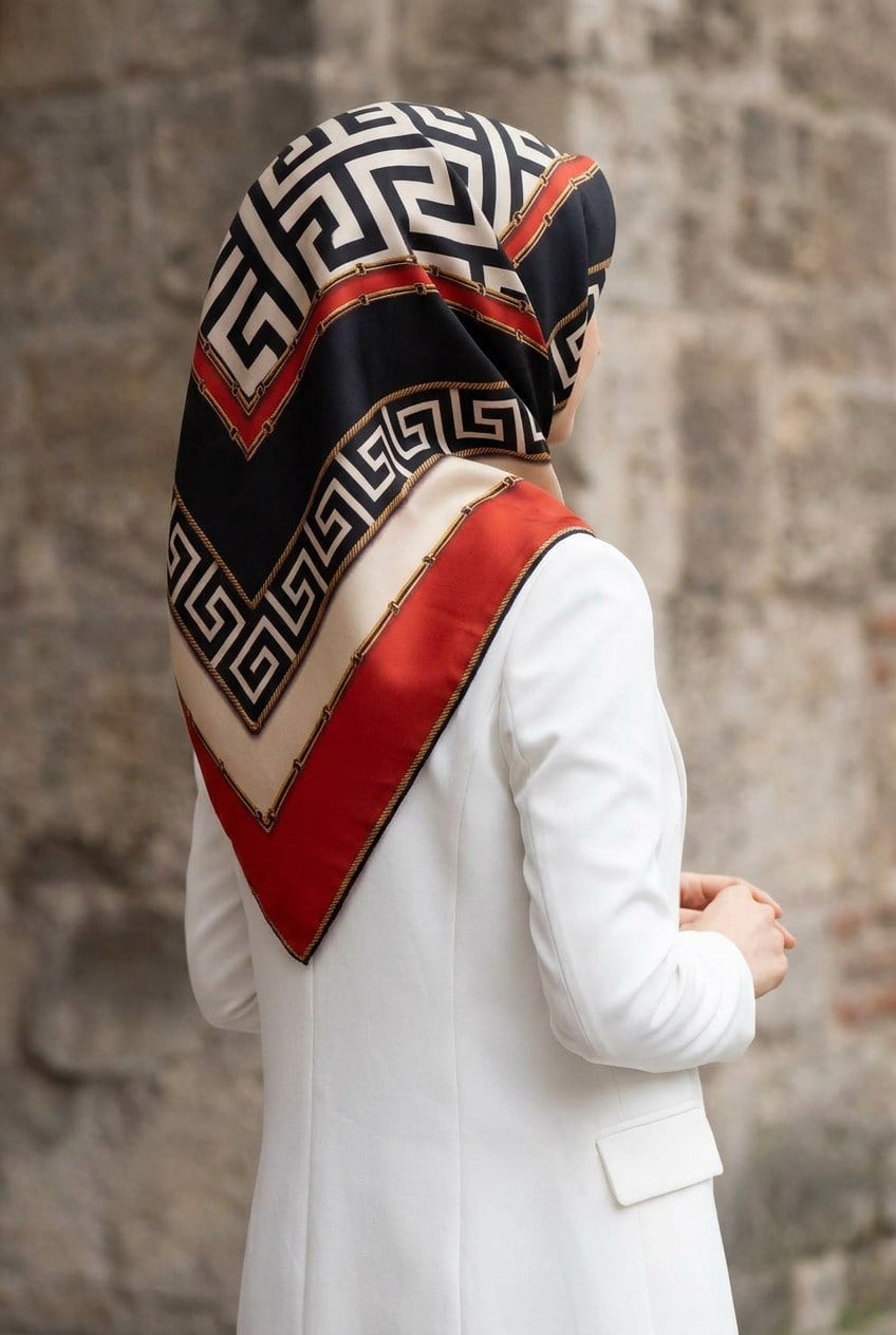 % 57 İPEK % 43 VİSKON Twill İpek Labirent Ve Geometrik Desenli Kırmızı - Siyah Renkli 90x90 Eşarp Dikim Şekli : El Dikişi