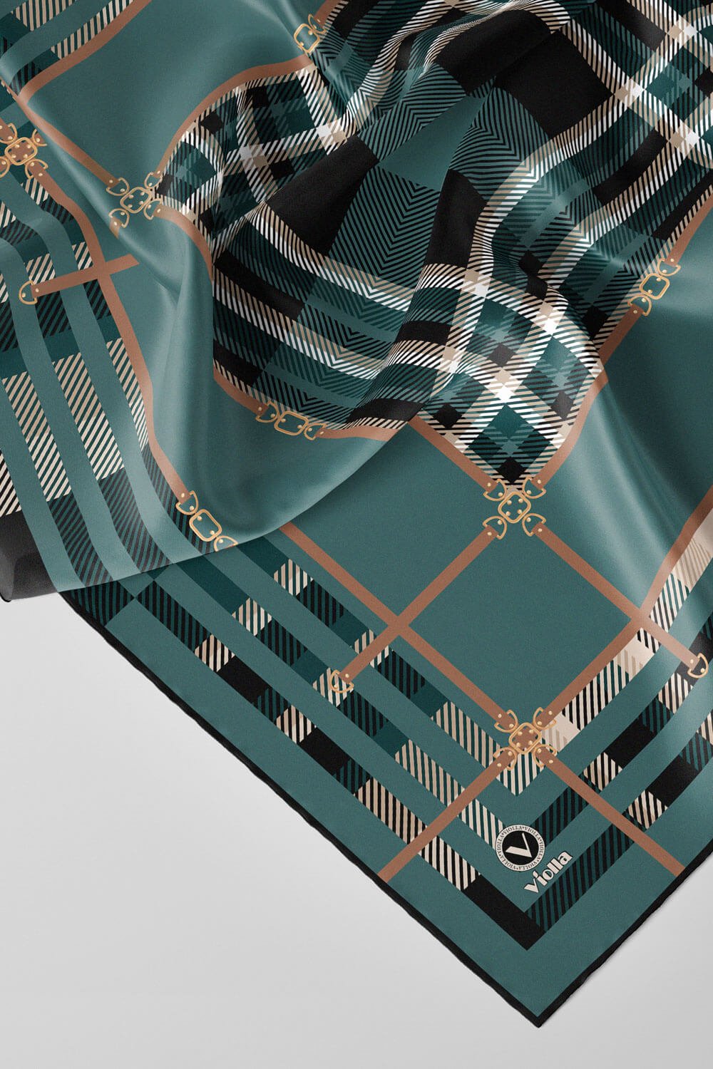 Twill Kemerli ve Ekose Desenli Petrol Mavisi Renkli 90x90 Eşarp (İpek İçermez)Kenar Dikiş Şekli El Dikişli