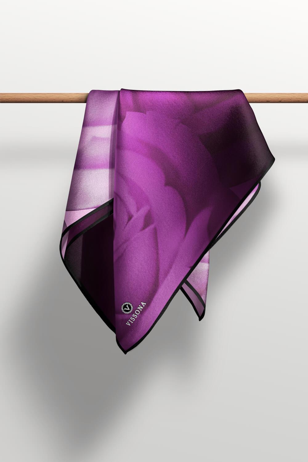 %100 Twill İpek Gül Desenli Mor - Pembe Renkli 90x90 Eşarp Dikim Şekli : El Dikişi