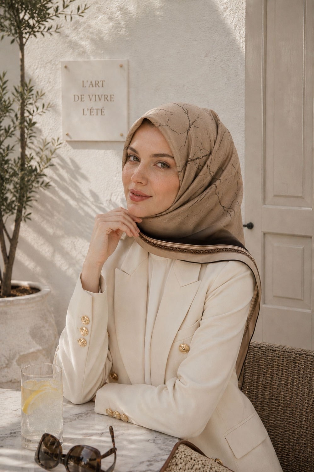 %100 Twill İpek Mermer Desenli Bej Renkli 90x90 Eşarp Dikim Şekli : El Dikişi