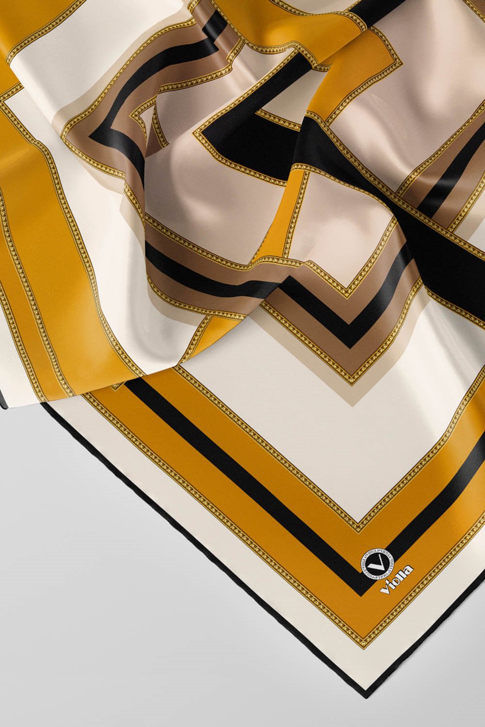Twill Çerçeve Desenli Taba - Siyah Renkli 90x90 Eşarp (İpek İçermez) Kenar Dikiş Şekli El Dikişli
