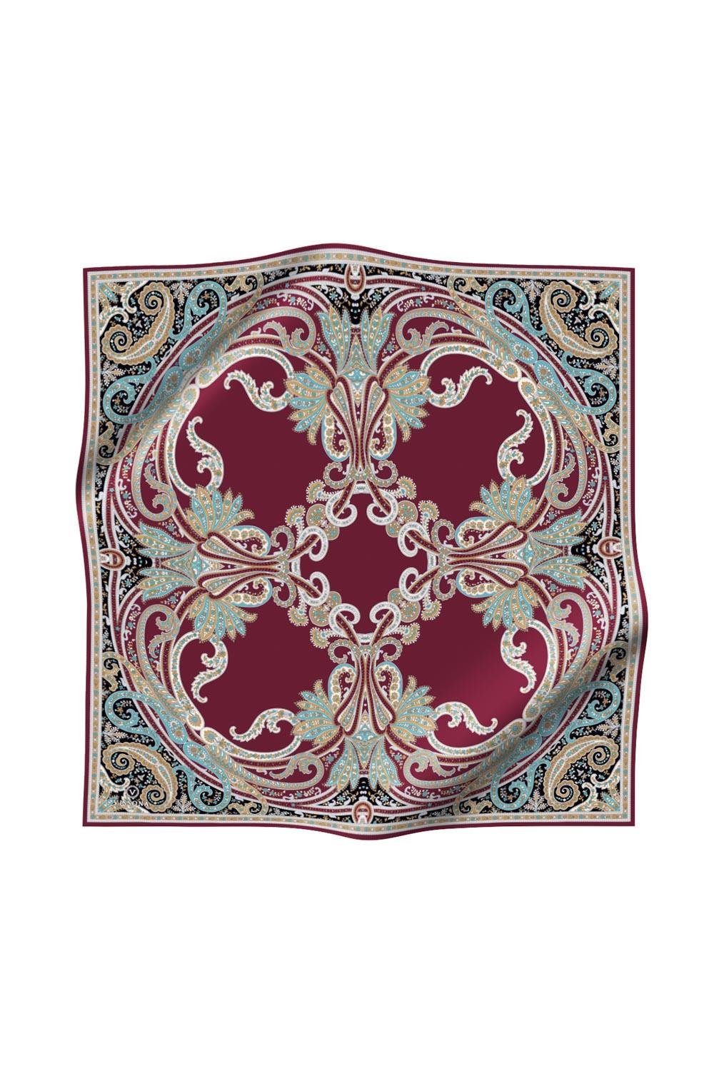 %100 Twill İpek Şal Desenli Bordo Renkli 90x90 Eşarp Dikim Şekli : El Dikişi