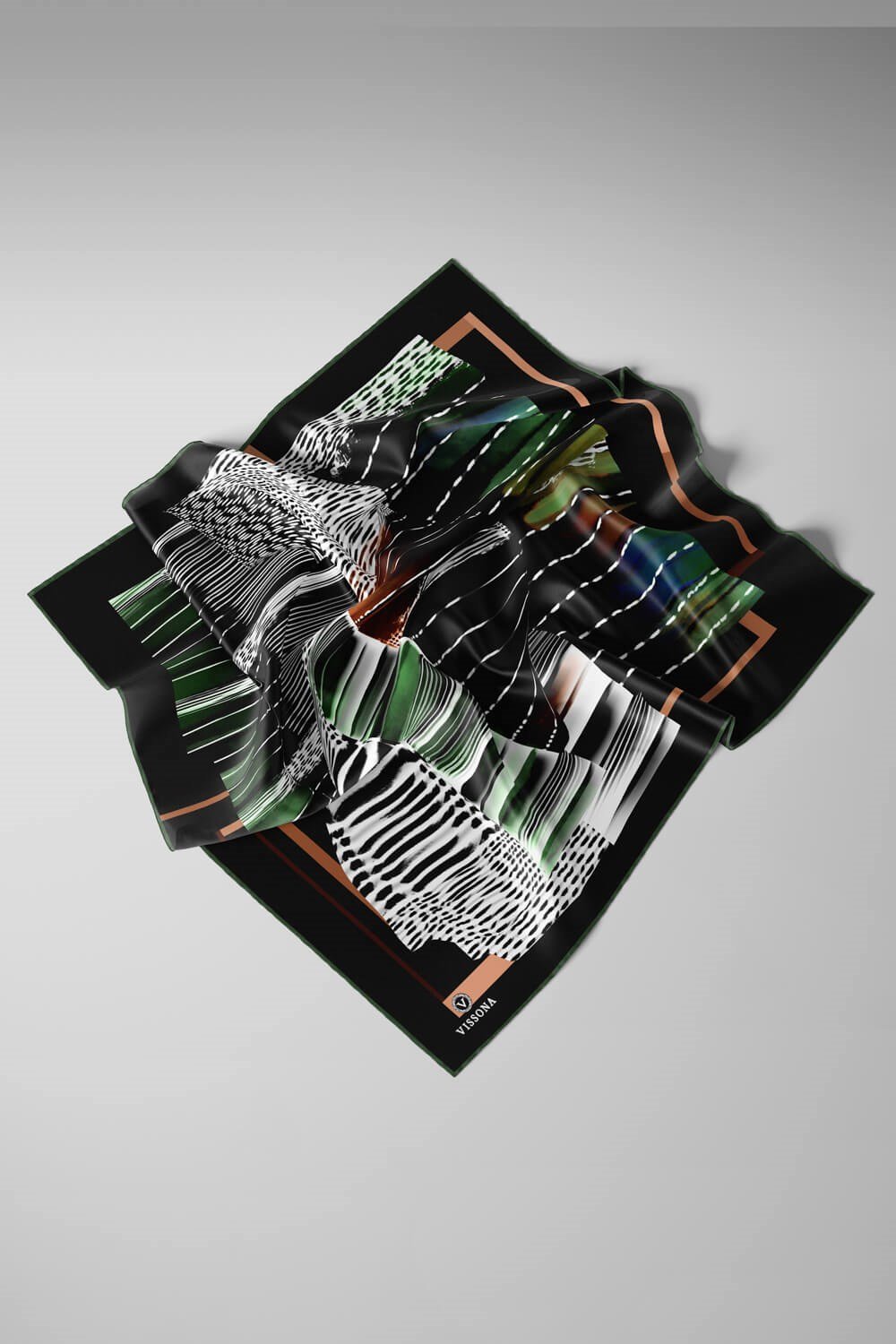 %100 Twill İpek Geometrik Desenli Siyah - Haki Renkli 90x90 Eşarp Dikim Şekli : El Dikişi