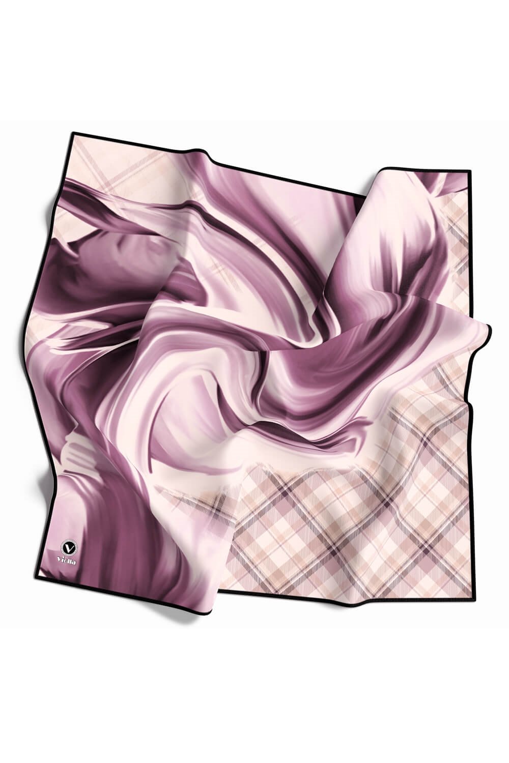 Twill Dalga ve Ekose Desenli Lila Renkli 90x90 Eşarp (İpek İçermez)Kenar Dikiş Şekli El Dikişli