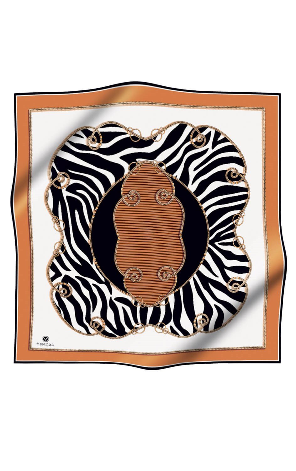 %100 Twill İpek Zincirli Ve Zebra Desenli Bakır - Siyah Renkli 90x90 Eşarp Dikim Şekli : El Dikişi