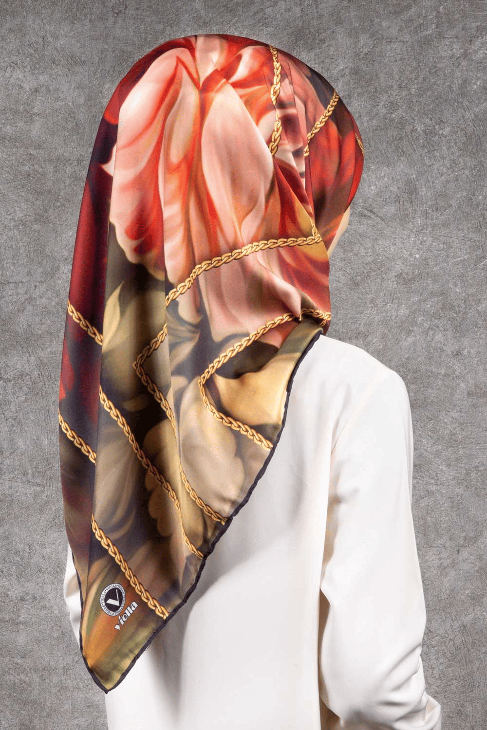 Twill Gül Desenli Bordo - Vizon Renkli 90x90 Eşarp (İpek İçermez) Kenar Dikiş Şekli El Dikişli