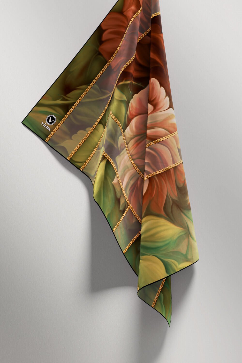 Twill Gül Desenli Taba - Haki Renkli 90x90 Eşarp (İpek İçermez) Kenar Dikiş Şekli El Dikişli