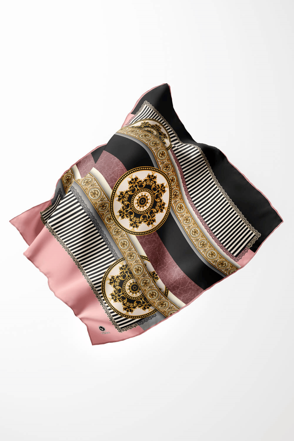 Twill Çizgili ve Barok Desenli Pudra Renkli 90x90 Eşarp (İpek İçermez) Kenar Dikiş Şekli El Dikişli
