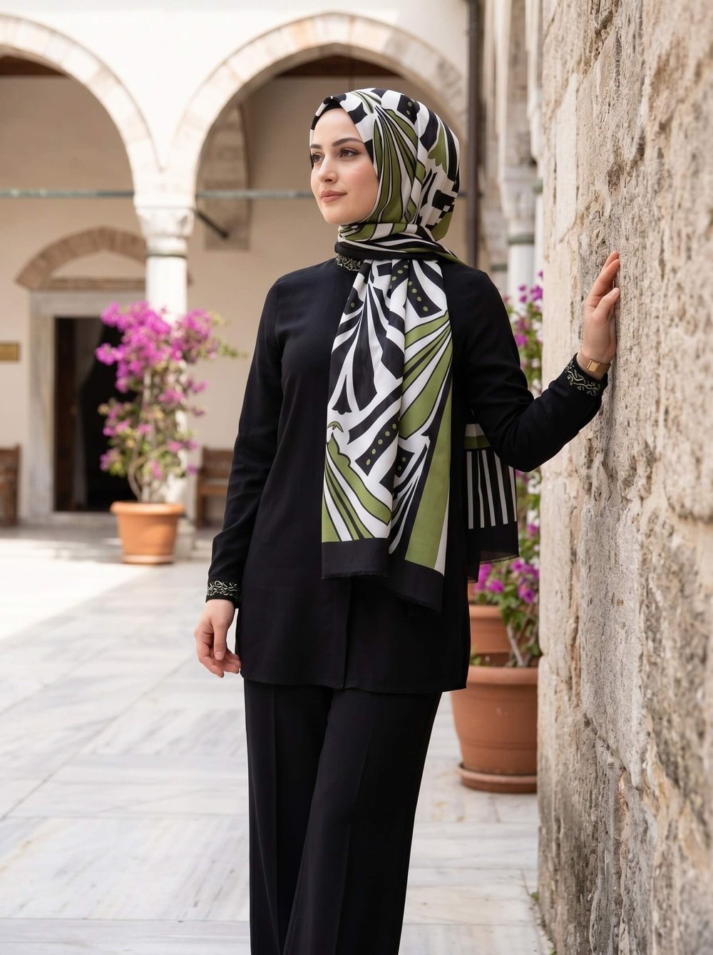 %100 İpek Yelpaze Desenli Haki - Siyah Renkli 92x210 Şal