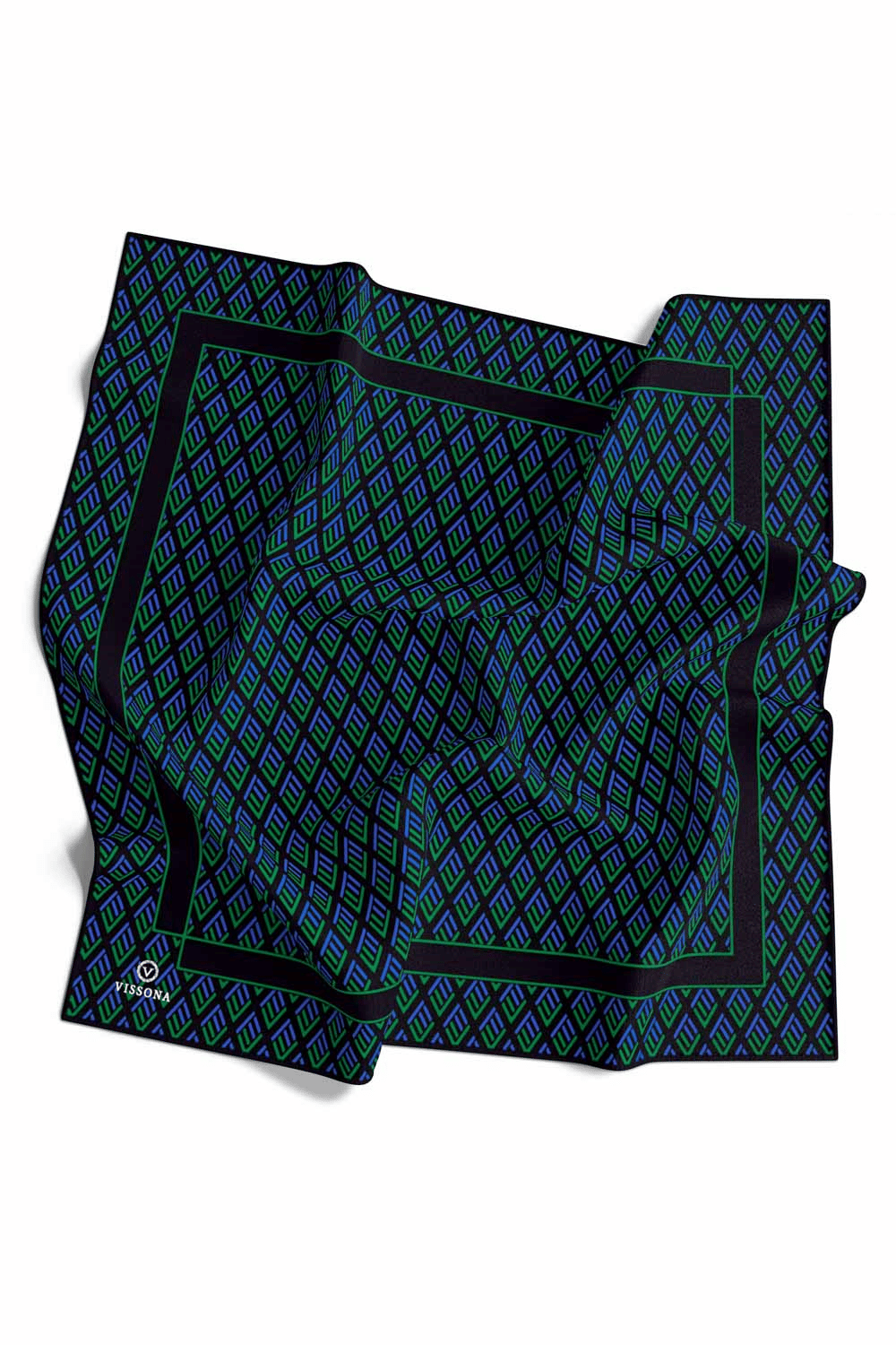 % 57 İPEK % 43 VİSKON Twill İpek Geometrik Desenli Zümrüt Yeşili - Saks Renkli 90x90 Eşarp Dikim Şekli : El Dikişi