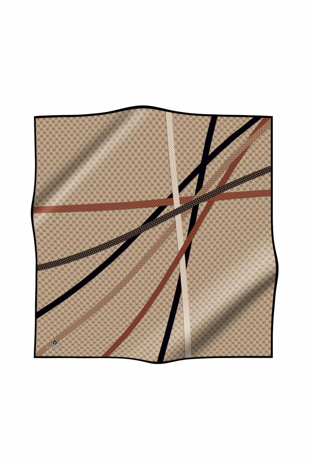 %57 İPEK %43 VİSKON Twill İpek Monogram Ve Şerit Desenli Bej - Siyah Renkli 90x90 Eşarp Dikim Şekli : El Dikişi