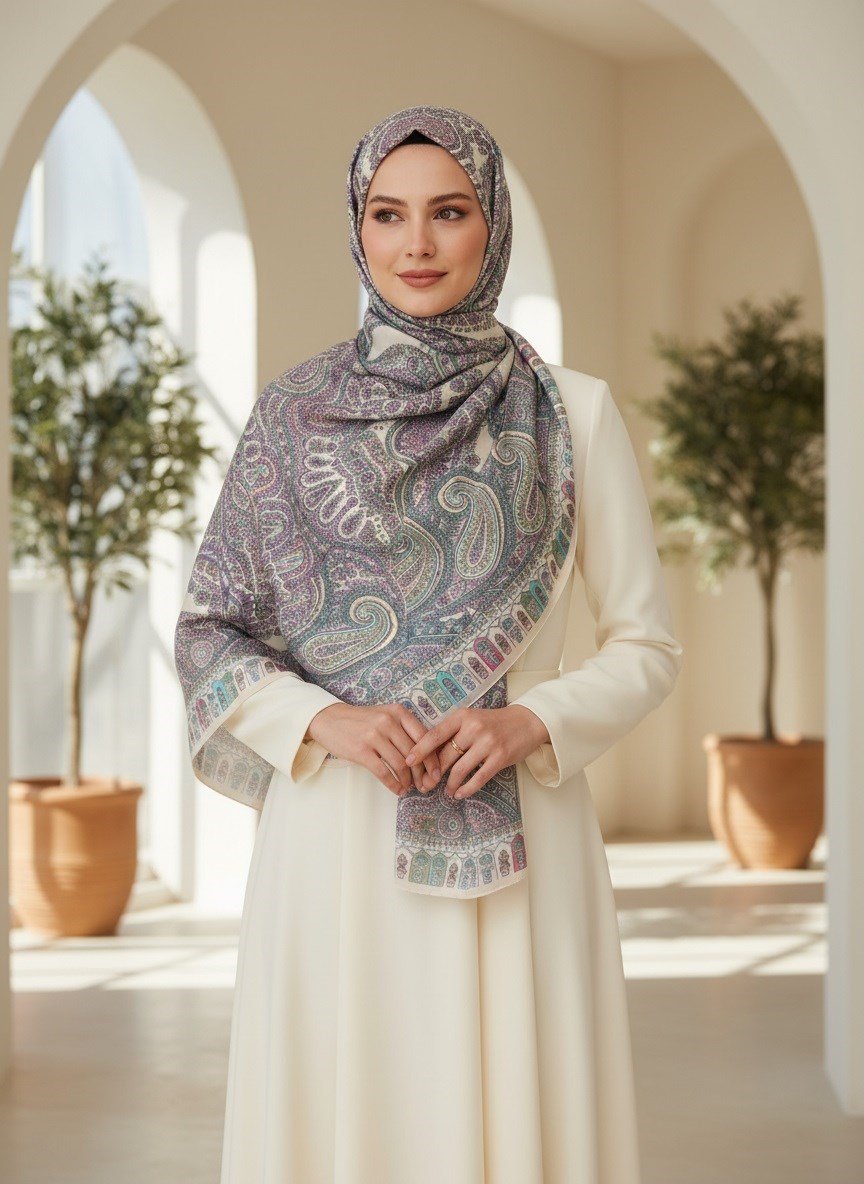 100% İPEK ETRO DESENLİ BEJ - LİLA RENKLİ ŞAL