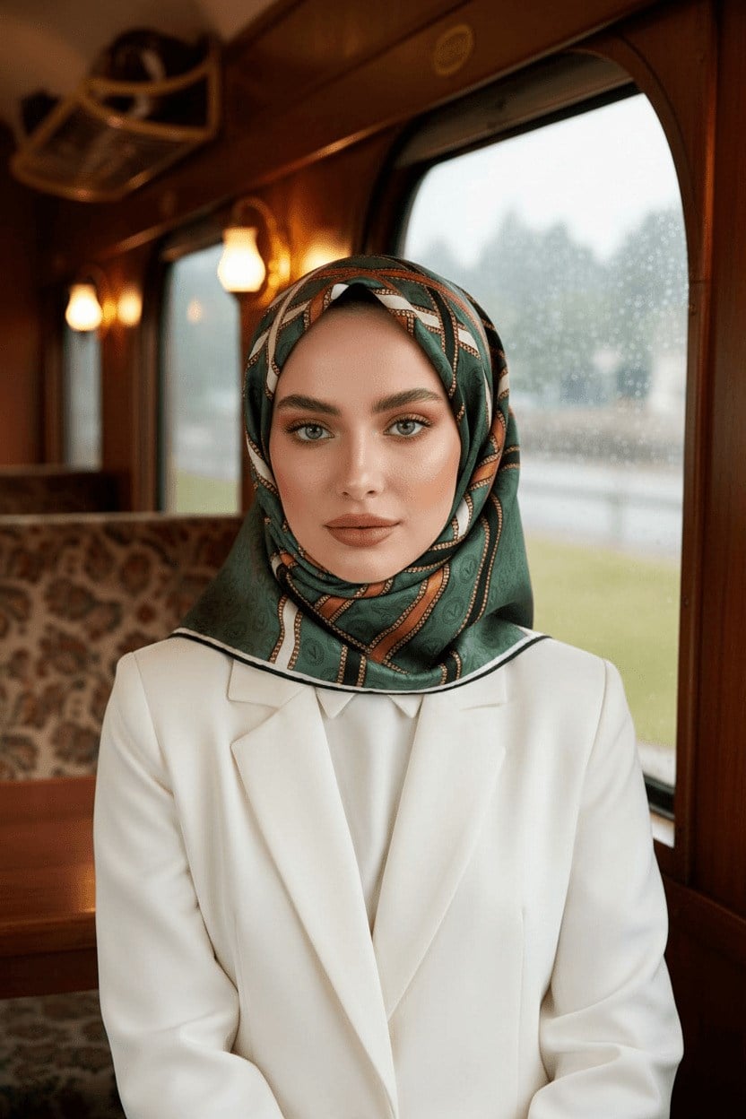 %100 Twill İpek Gold Şeritli Monogram Desenli Petrol Yeşili - Bakır Renkli 90x90 Eşarp Dikim Şekli : El Dikişi