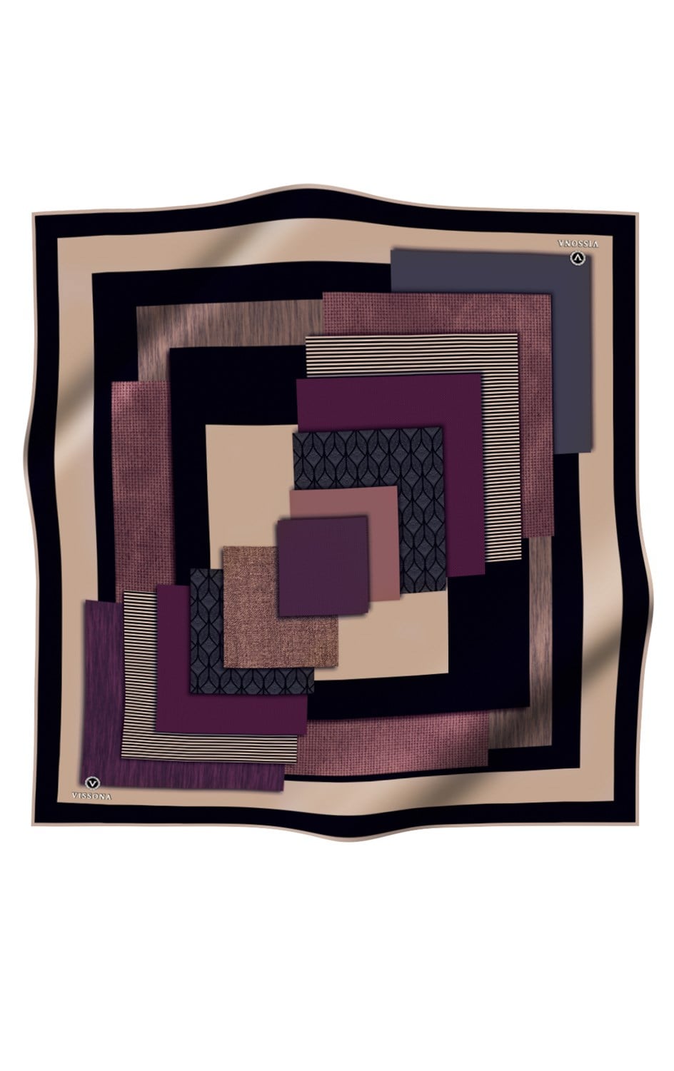%100 Twill İpek Geometrik Desenli Mürdüm - Siyah Renkli 90x90 Eşarp Dikim Şekli : El Dikişi