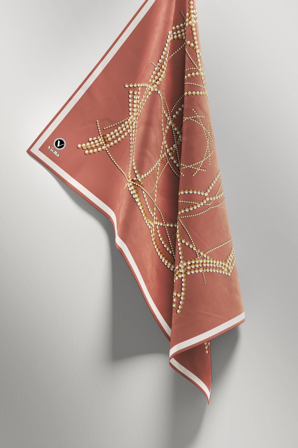 Twill Boncuk Desenli Somon Renkli 90x90 Eşarp (İpek İçermez) Kenar Dikiş Şekli El Dikişli
