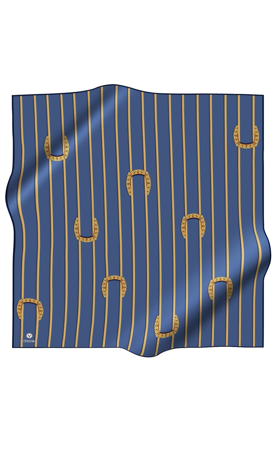 %100 Twill İpek Kemer Desenli Gold - İndigo Renkli 90x90 Eşarp Dikim Şekli : El Dikişi