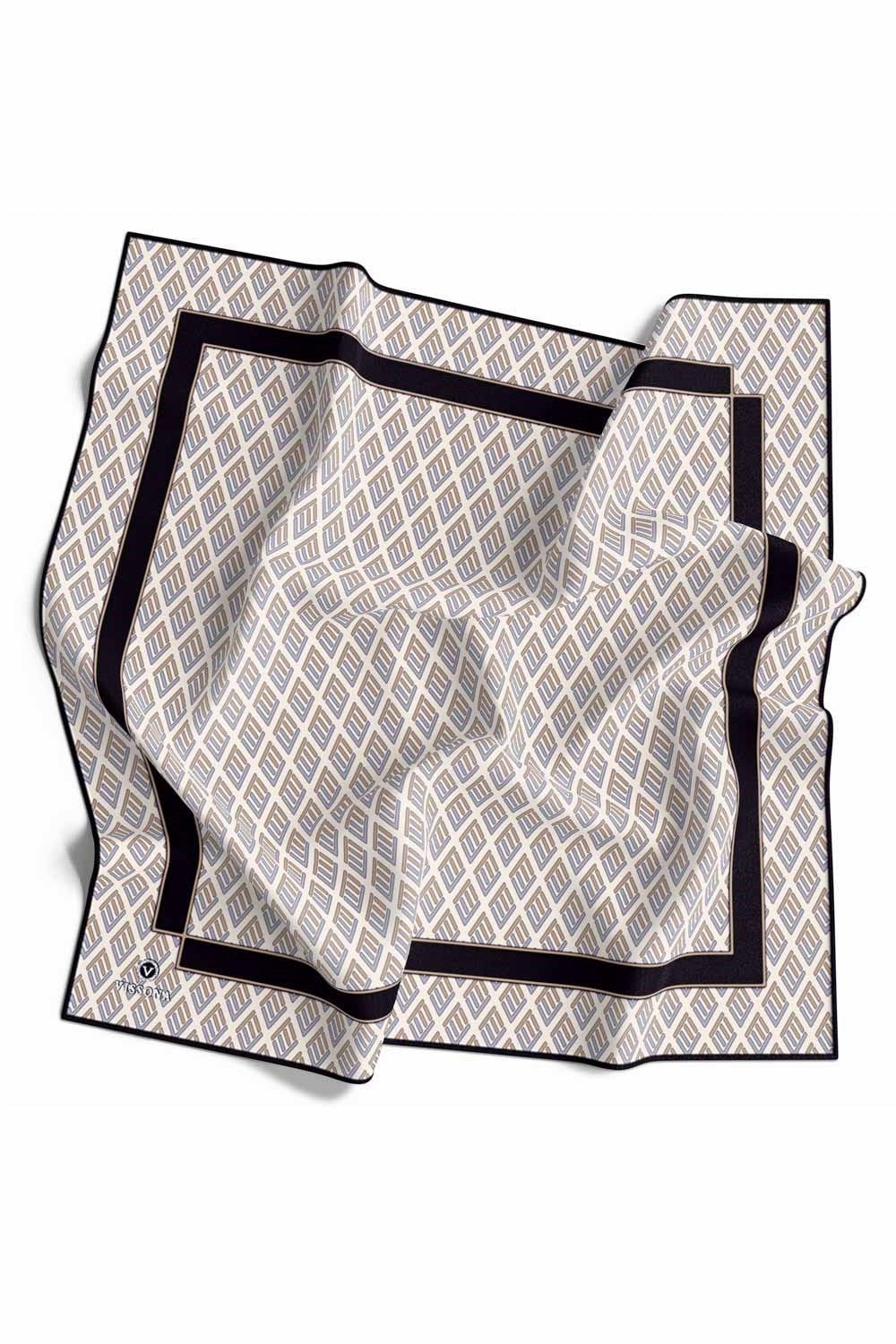 % 57 İPEK % 43 VİSKON Twill İpek Geometrik Desenli Gri - Bej Renkli 90x90 Eşarp Dikim Şekli : El Dikişi