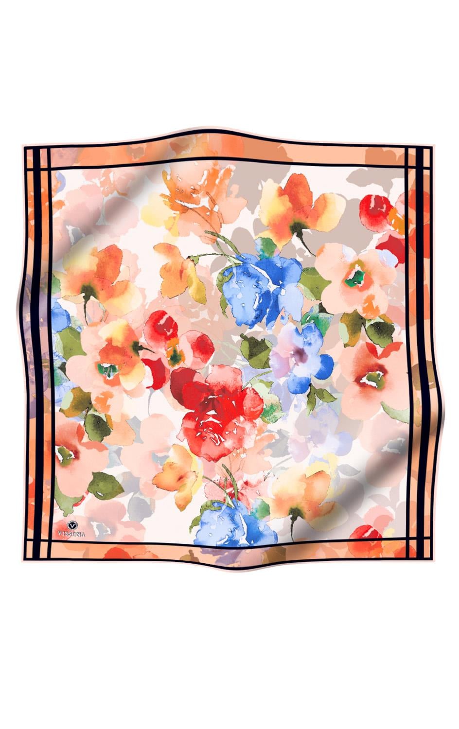 %100 Twill İpek Sulu Boyalı Çiçek Desenli Somon - Kırmızı Renkli 90x90 Eşarp Dikim Şekli : El Dikişi