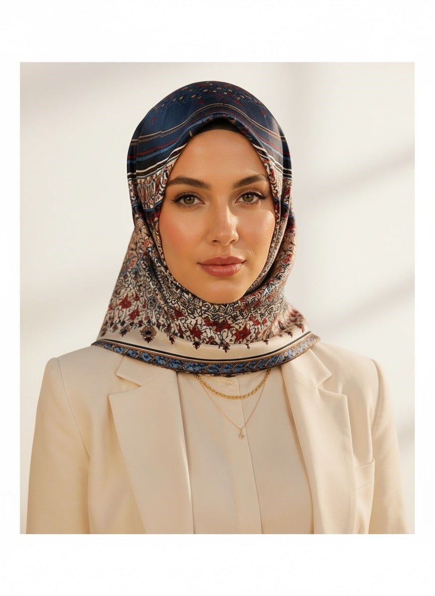 %100 Twill İpek Şal Desenli Lacivert Renkli 90x90 Eşarp Dikim Şekli : El Dikişi