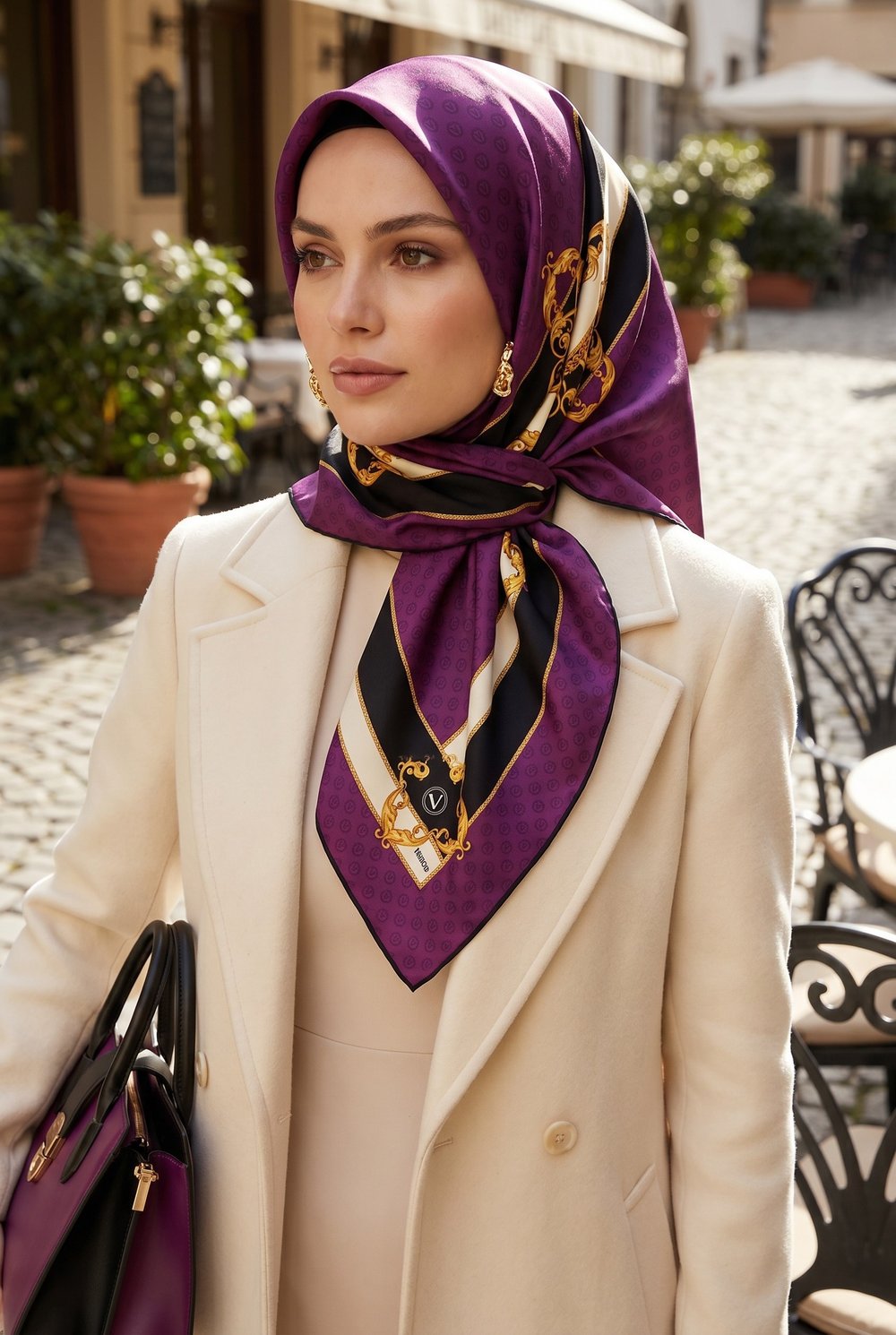 %100 Twill İpek Monogram Ve Barok Desenli Mürdüm - Siyah Renkli 90x90 Eşarp Dikim Şekli : El Dikişi