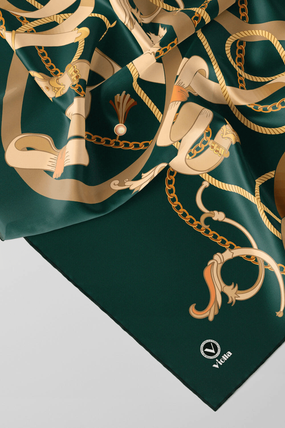 Twill Kemerli Ve Zincir Desenli Petrol Yeşili Renkli 90x90 Eşarp (İpek İçermez) Kenar Dikiş Şekli El Dikişli