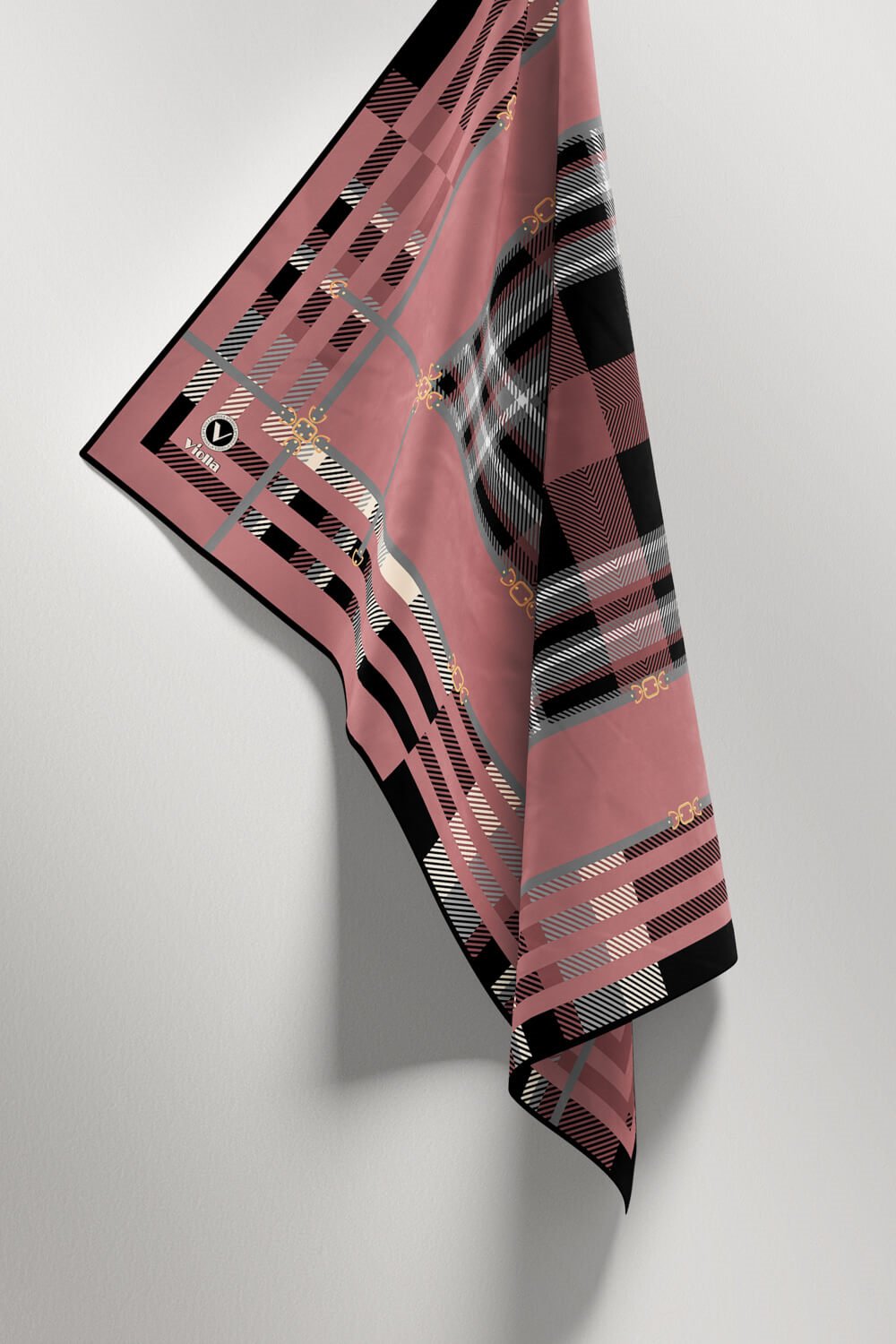 Twill Kemerli ve Ekose Desenli Pudra Renkli 90x90 Eşarp (İpek İçermez)Kenar Dikiş Şekli El Dikişli