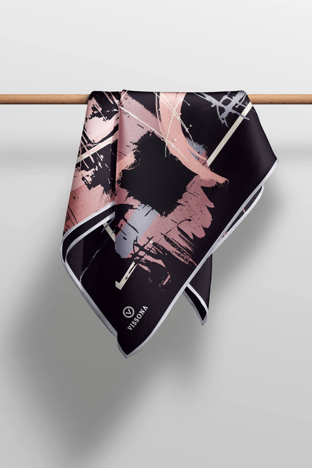 %57 İPEK %43 VİSKON Twill İpek Geometrik Desenli Siyah - Pudra Renkli 90x90 Eşarp Dikim Şekli : El Dikişi