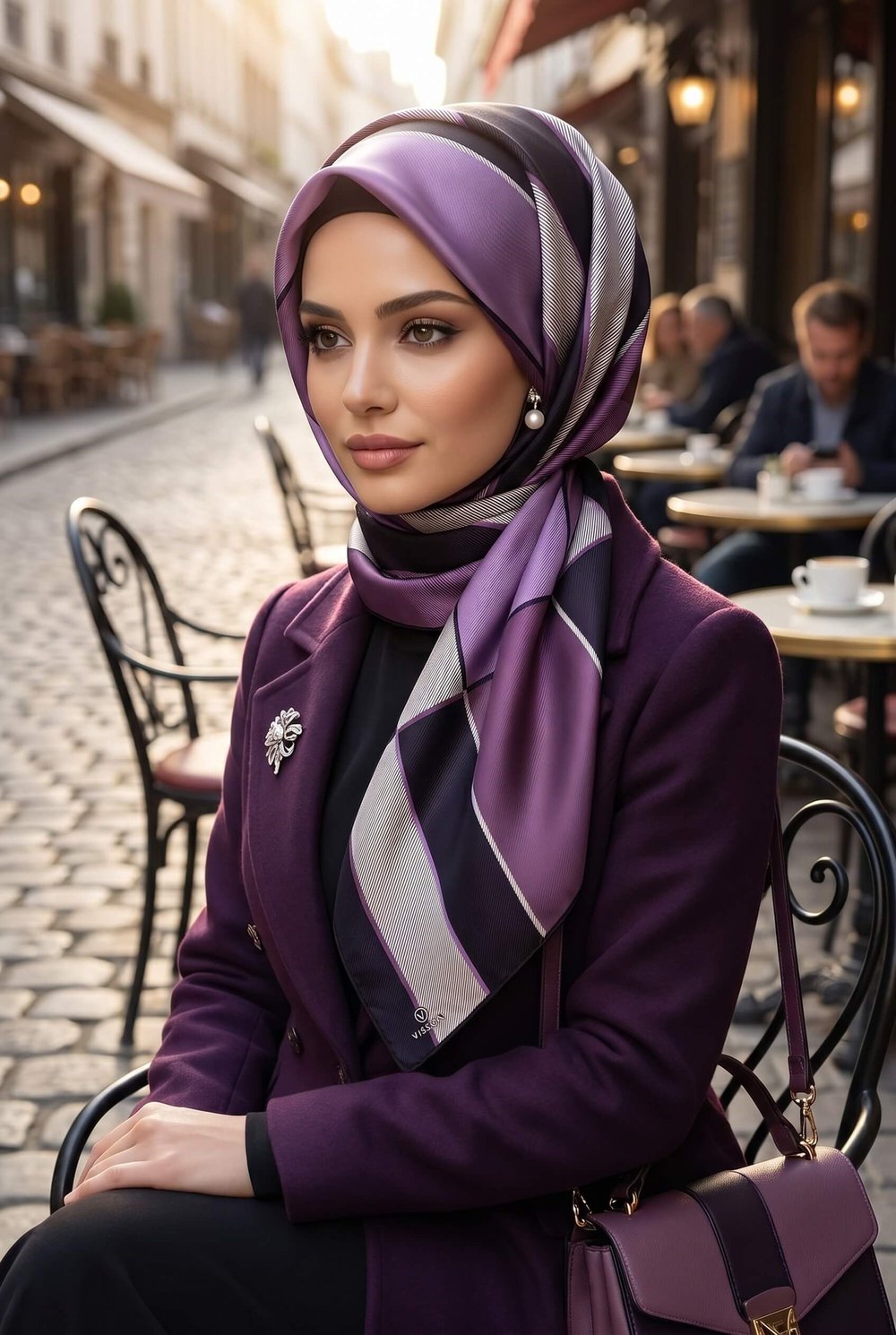 %100 Twill İpek Geometrik Desenli Lila Renkli 90x90 Eşarp Dikim Şekli : El Dikişi