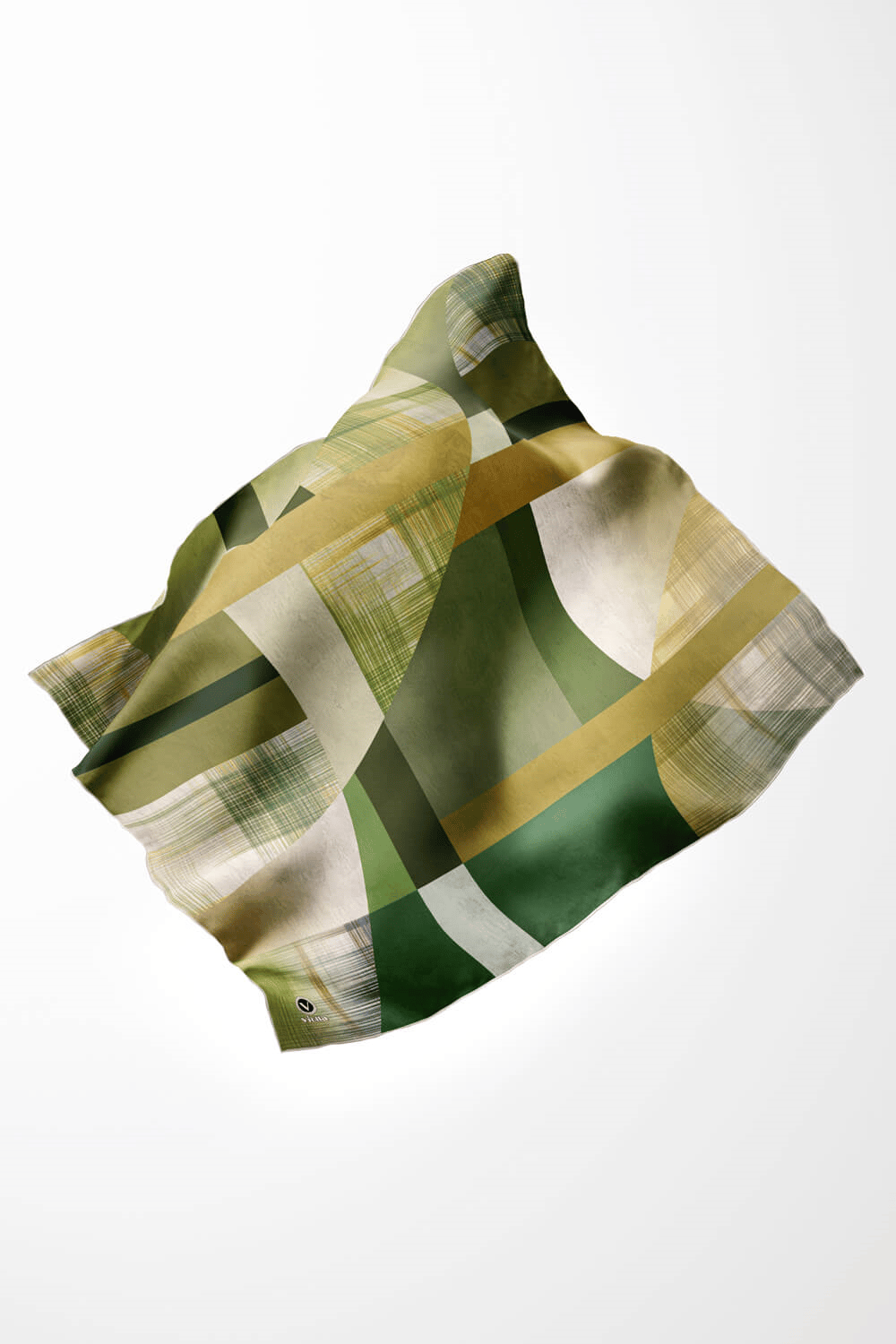 Twill Geometrik Desenli Haki Renkli 90x90 Eşarp (İpek İçermez) Kenar Dikiş Şekli El Dikişli