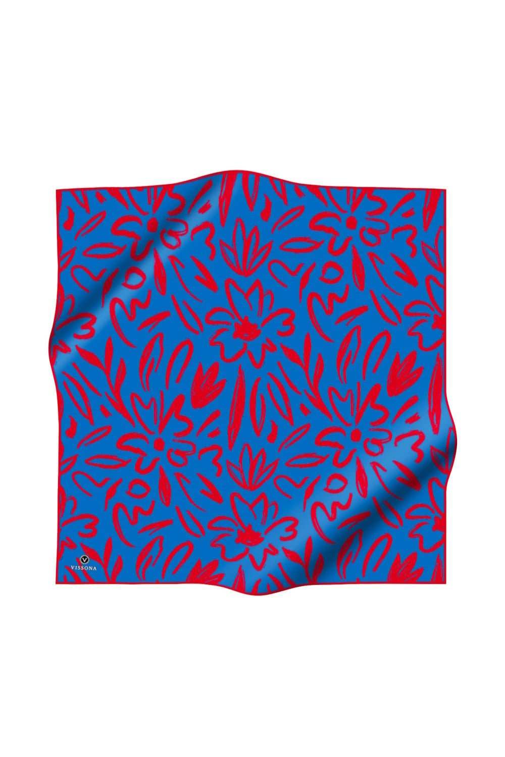 %100 Twill İpek Büyük Çiçek Desenli Saks - Kırmızı Renkli 90x90 Eşarp Dikim Şekli : El Dikişi