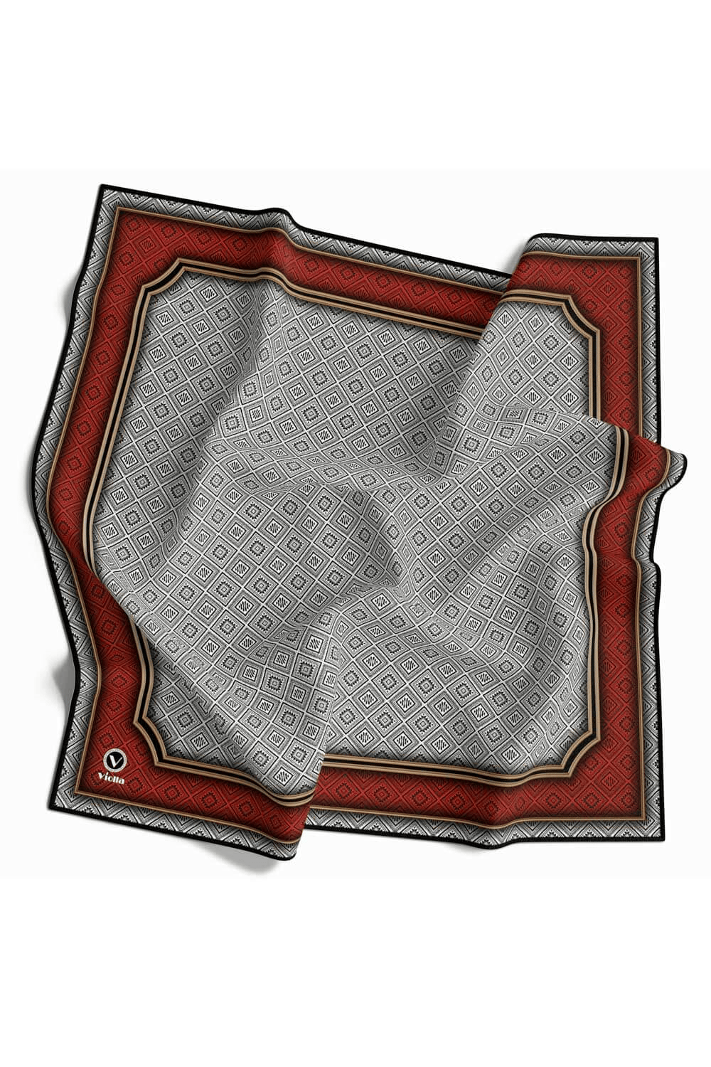 Twill Geometrik Çıtır Desenli Kırmızı Renkli 90x90 Eşarp (İpek İçermez) Kenar Dikiş Şekli El Dikişli