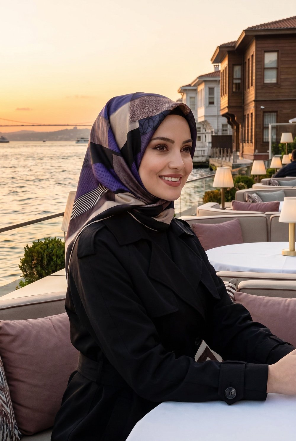 %100 Twill İpek Geometrik Desenli Mor - Siyah Renkli 90x90 Eşarp Dikim Şekli : El Dikişi