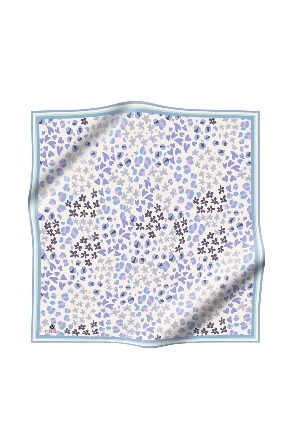 %100 Twill İpek Kalpli Leopar Desenli Buz Mavisi - Gri Renkli 90x90 Eşarp Dikim Şekli : El Dikişi