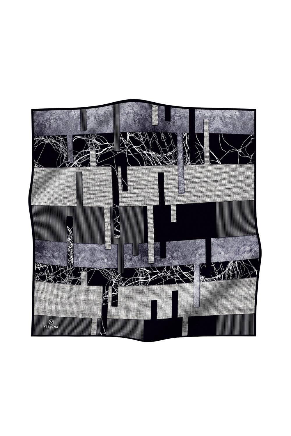 %100 Twill İpek Geometrik Desenli Siyah - Gri Renkli 90x90 Eşarp Dikim Şekli : El Dikişi