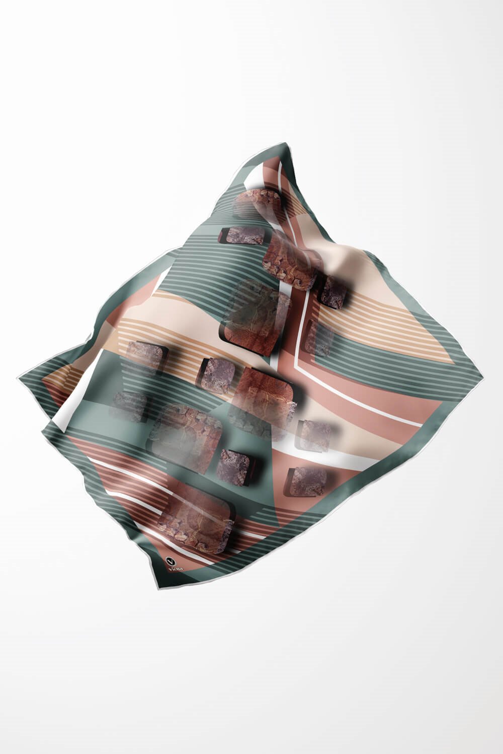 Twill Çizgili ve Geometrik Desenli Mint Renkli 90x90 Eşarp (İpek İçermez) Kenar Dikiş Şekli El Dikişli