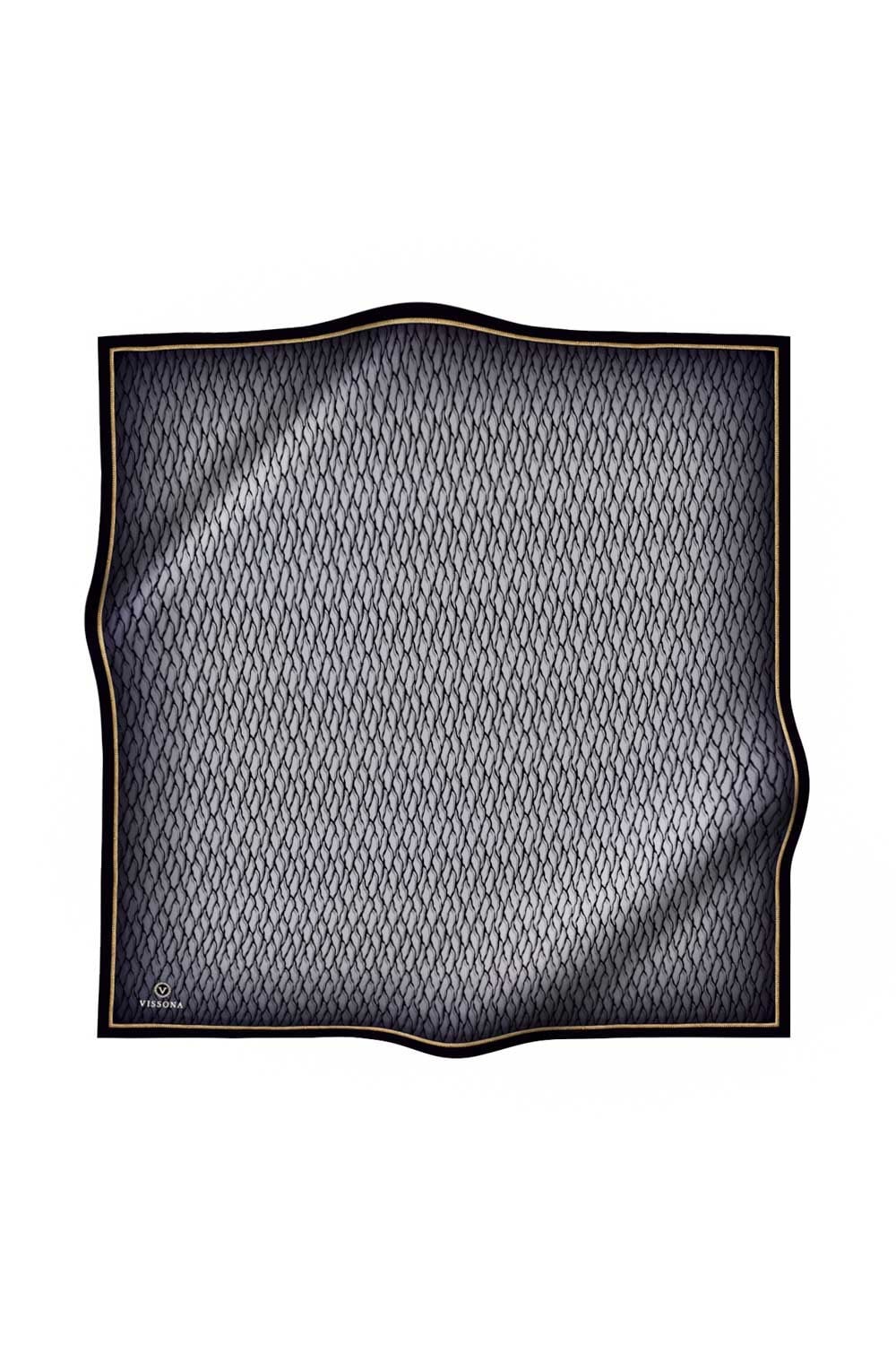 %100 Twill İpek File Desenli Gri - Siyah Renkli 90x90 Eşarp Dikim Şekli : El Dikişi