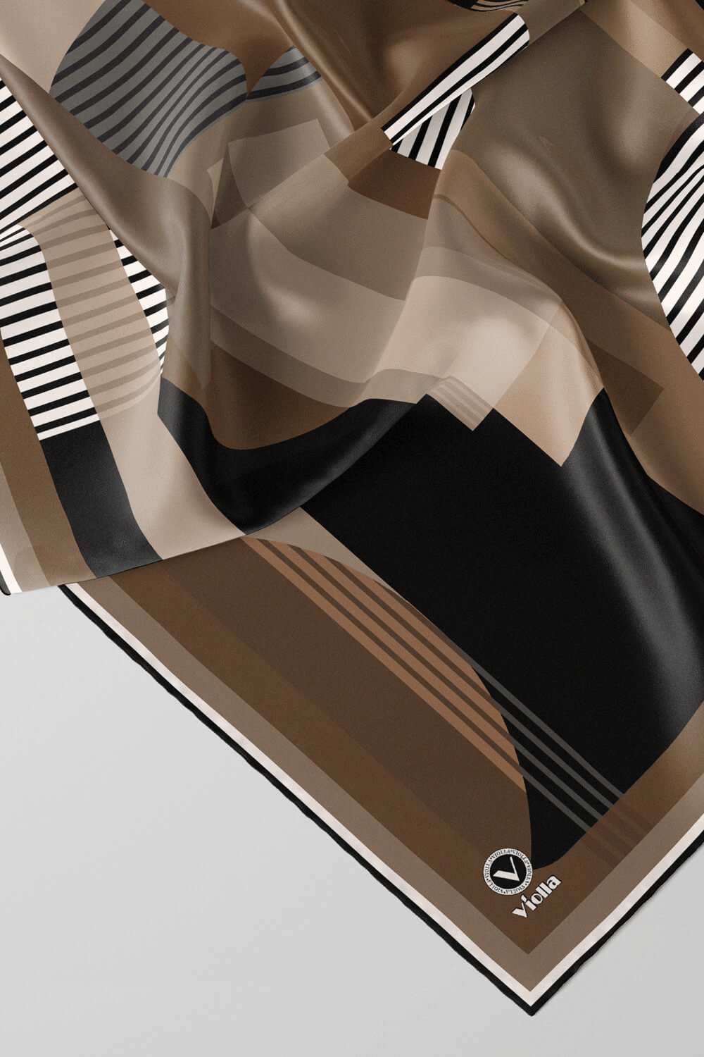 Twill Çizgili Ve Geometrik Desenli Bej Renkli 90x90 Eşarp (İpek İçermez) Kenar Dikiş Şekli El Dikişli