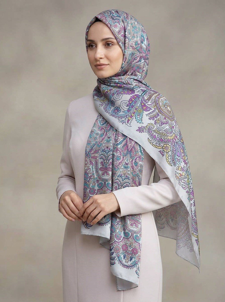 100% İpek Etro Desenli Su Yeşili - Mürdüm Renkli 92x210 Şal