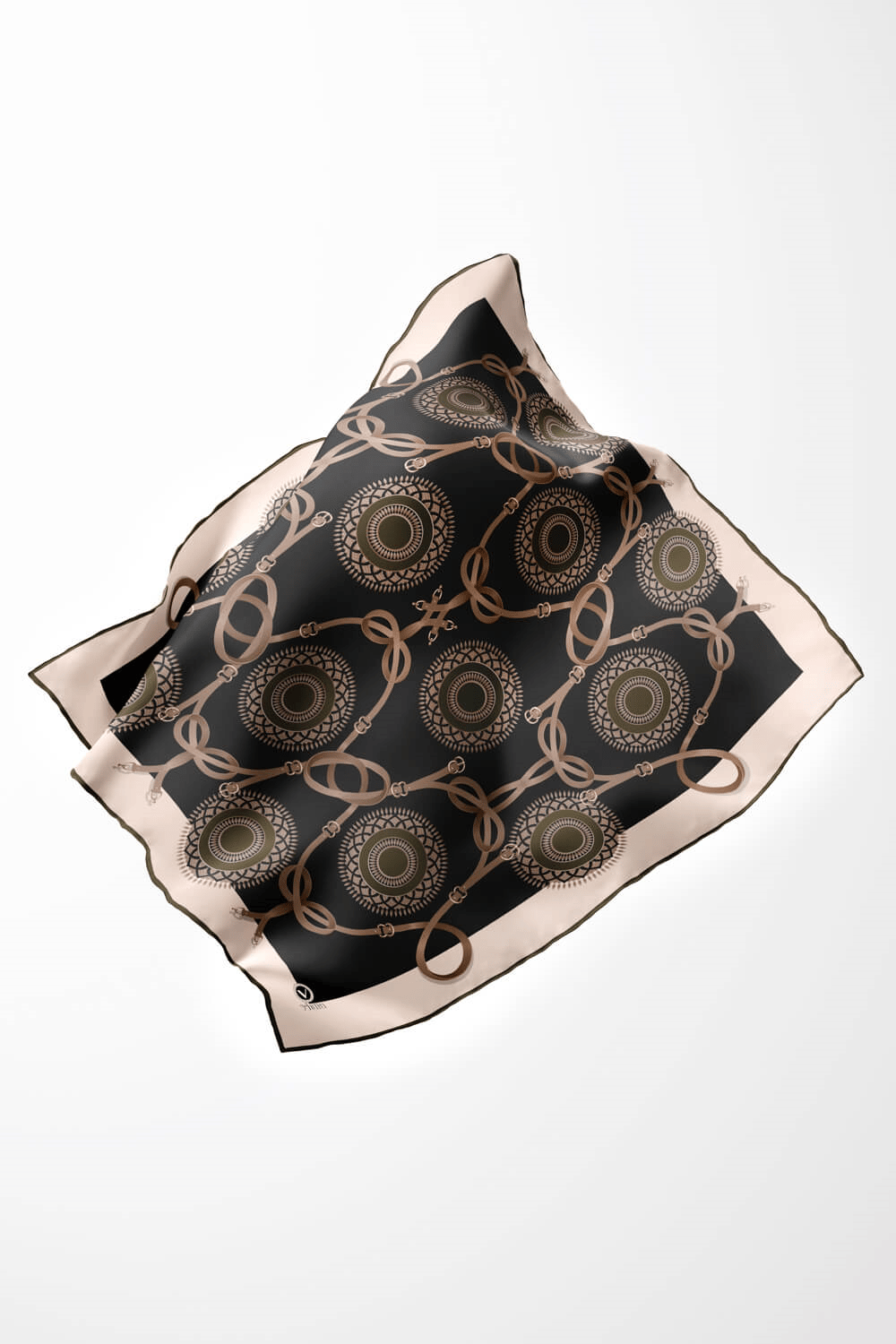 Twill Kemerli Ve Geometrik Desenli Haki Renkli 90x90 Eşarp (İpek İçermez) Kenar Dikiş Şekli El Dikişli